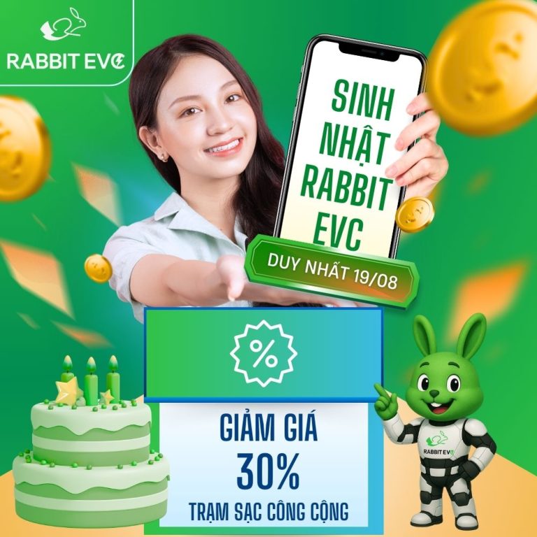🎉Nhân dịp Ngày Cách Mạng Tháng Tám 19/08 và Sinh nhật RabbitEVC – GIẢM GIÁ 30% TẠI TRẠM SẠC CÔNG CỘNG